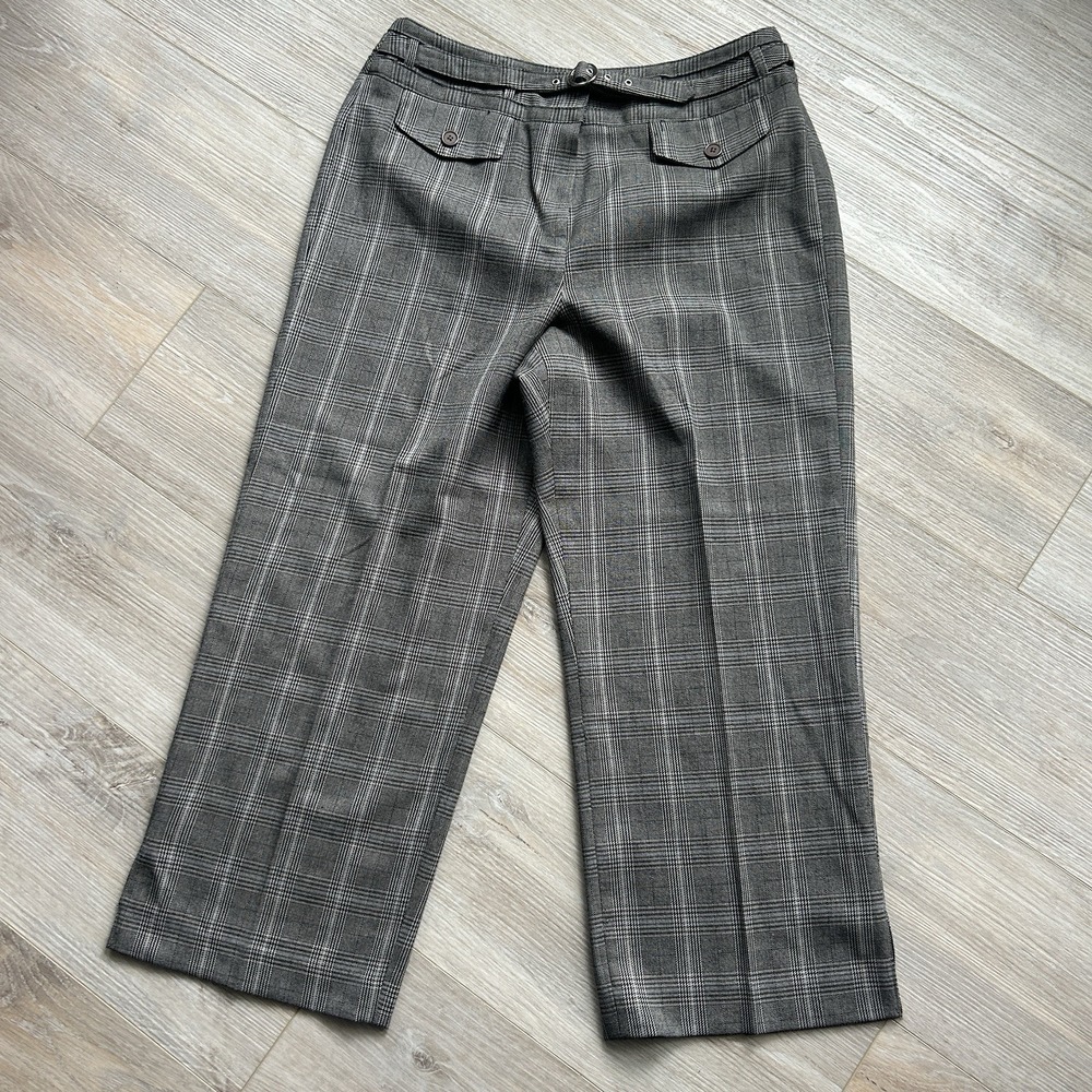 Dressbarn Size 10 Belted Gaucho Dress Pants Gray Brown Plaid‎ Cropped